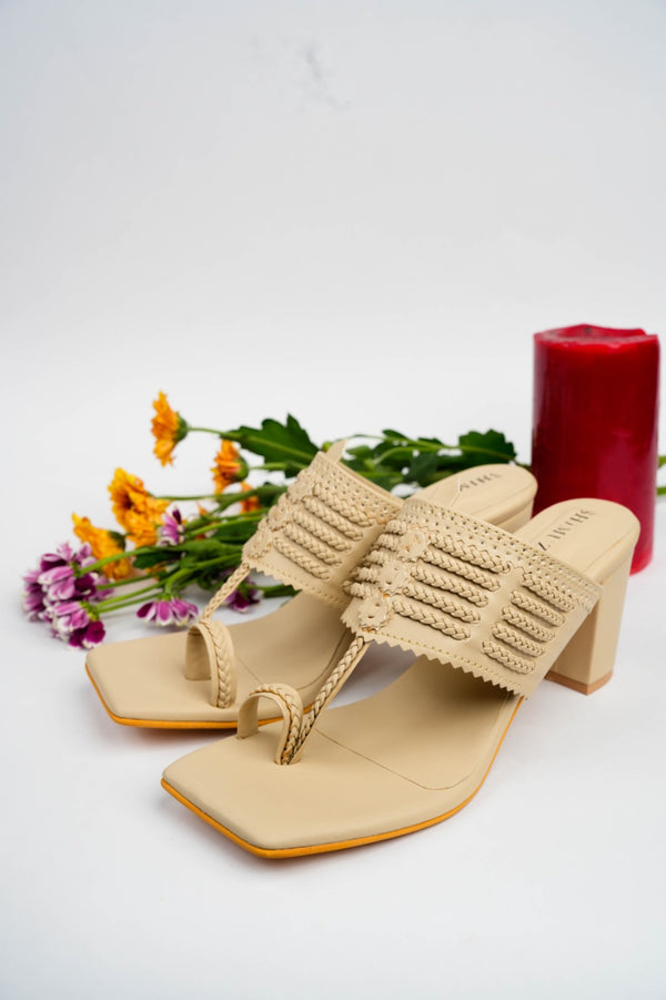 Latte Cream Square Kolhapuri Block Heels