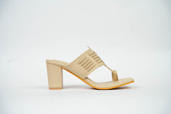 Latte Cream Square Kolhapuri Block Heels