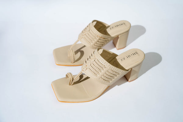 Latte Cream Square Kolhapuri Block Heels