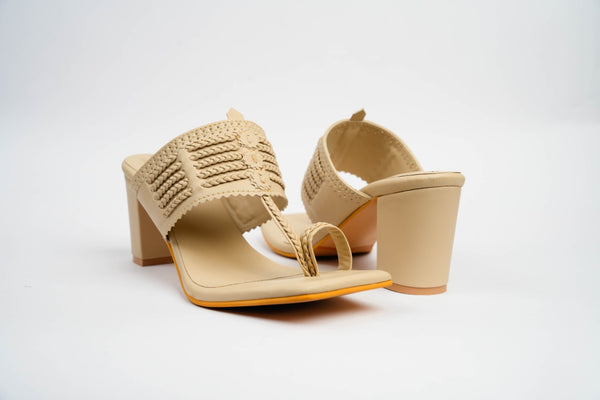 Latte Cream Square Kolhapuri Block Heels