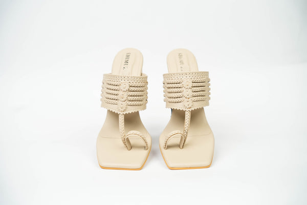 Latte Cream Square Kolhapuri Block Heels