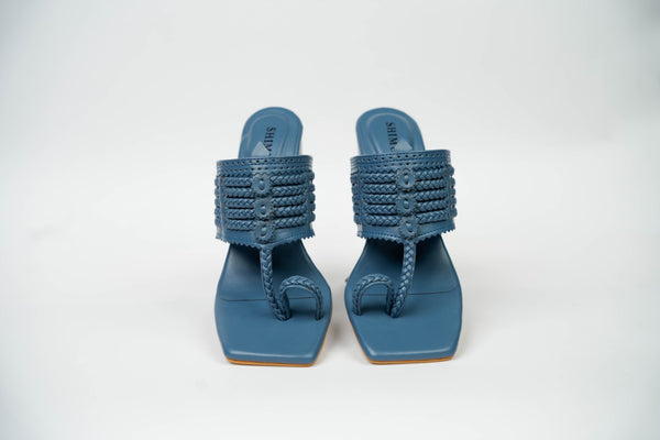 Peacock Blue Square Kolhapuri Block Heels