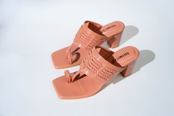 Sunburn Pink Square Kolhapuri Block Heels