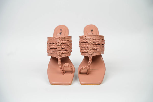 Sunburn Pink Square Kolhapuri Block Heels
