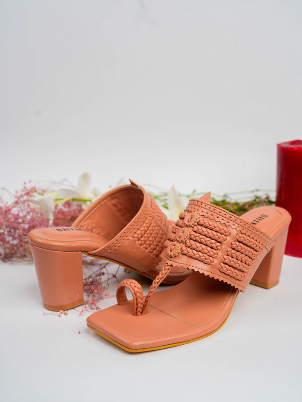 Sunburn Pink Square Kolhapuri Block Heels