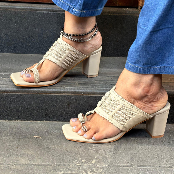 Latte Cream Square Kolhapuri Block Heels