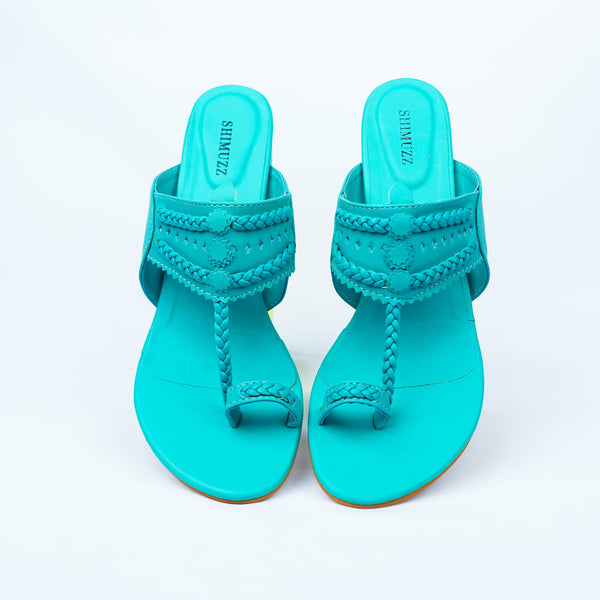 Blue Heels. Block Heels, Turquoise Blue Block Heels, Party Heels, Traditional wear, Sea blue Heels, Koolhapuri Block Heels, SHIMUZZ Heels, Kolhapuri Heel, Top angle picture
