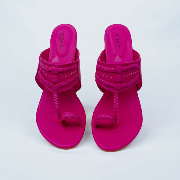 Magenta Pink Heels. Block Heels, Fuchsia Block Heels, Party Heels, Traditional wear, Heels, Koolhapuri Block Heels, SHIMUZZ Heels, Kolhapuri Heel, Top angle