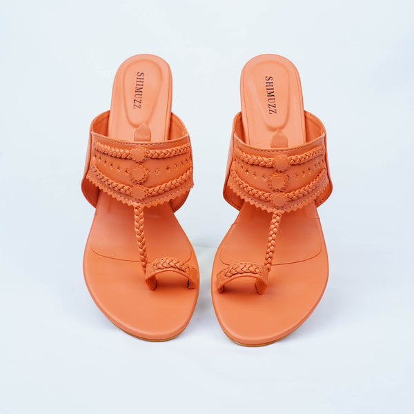 Red Heels. Block Heels, Red Block Heels, Party Heels, Traditional wear, Maroon Heels, Koolhapuri Block Heels, SHIMUZZ Heels, Kolhapuri Heel, Top angle picture