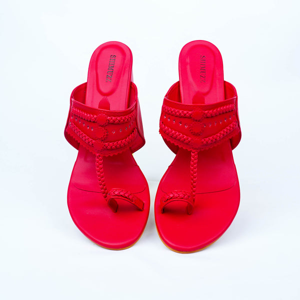 Red Heels. Block Heels, Red Block Heels, Party Heels, Traditional wear, Maroon Heels, Koolhapuri Block Heels, SHIMUZZ Heels, Kolhapuri Heel