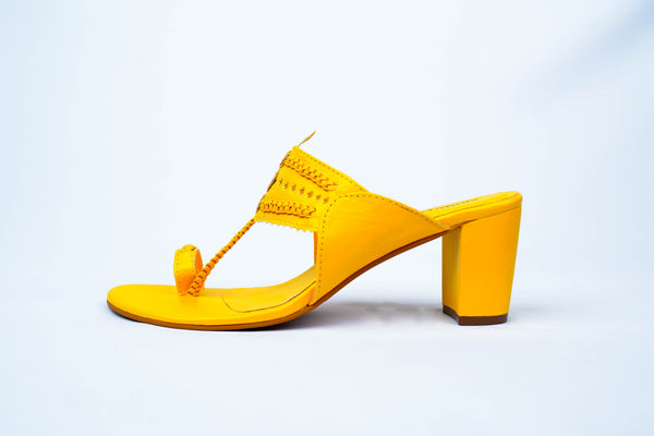 Yellow Heels. Block Heels, Yellow Block Heels, Party Heels, Traditional wear, Bright Yellow Heels, Koolhapuri Block Heels, SHIMUZZ Heels, Kolhapuri Heel, Side angle