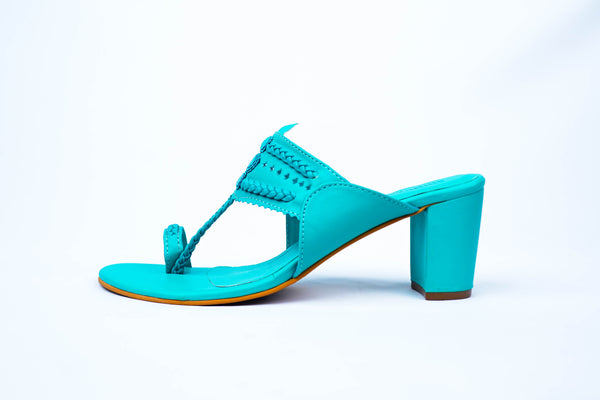Blue Heels. Block Heels, Turquoise Blue Block Heels, Party Heels, Traditional wear, Sea blue Heels, Koolhapuri Block Heels, SHIMUZZ Heels, Kolhapuri Heel, Side angle picture
