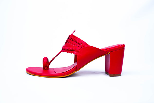 Red Heels. Block Heels, Red Block Heels, Party Heels, Traditional wear, Maroon Heels, Koolhapuri Block Heels, SHIMUZZ Heels, Kolhapuri Heel