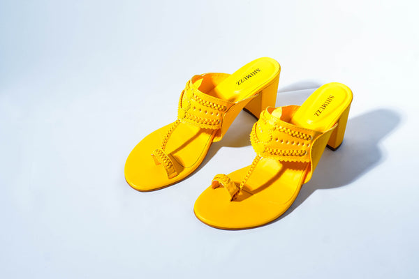 Yellow Heels. Block Heels, Yellow Block Heels, Party Heels, Traditional wear, Bright Yellow Heels, Koolhapuri Block Heels, SHIMUZZ Heels, Kolhapuri Heel, Tilted angle
