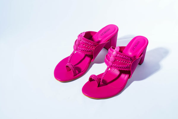 Magenta Pink Heels. Block Heels, Fuchsia Block Heels, Party Heels, Traditional wear, Heels, Koolhapuri Block Heels, SHIMUZZ Heels, Kolhapuri Heel, Tilted angle