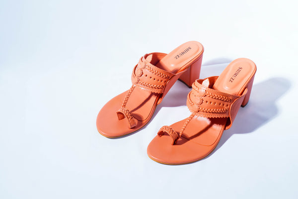 Red Heels. Block Heels, Red Block Heels, Party Heels, Traditional wear, Maroon Heels, Koolhapuri Block Heels, SHIMUZZ Heels, Kolhapuri Heel, tilted angle picture