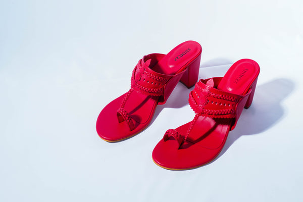Red Heels. Block Heels, Red Block Heels, Party Heels, Traditional wear, Maroon Heels, Koolhapuri Block Heels, SHIMUZZ Heels, Kolhapuri Heel