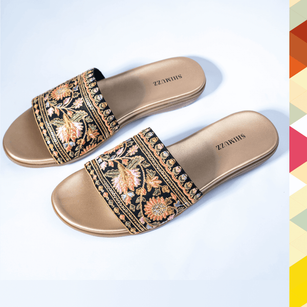 Black floral embroidered designer sliders