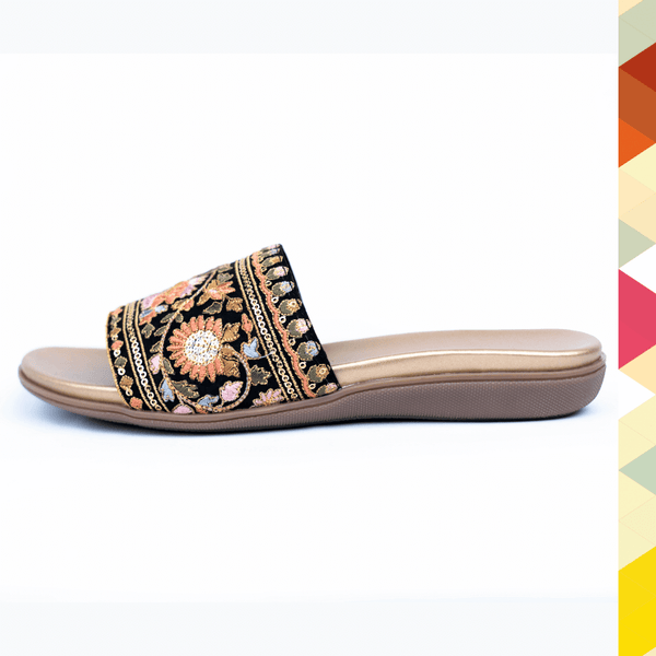 Black floral embroidered designer sliders