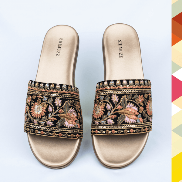 Black floral embroidered designer sliders