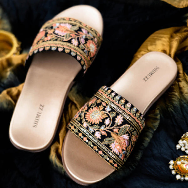 Black floral embroidered designer sliders