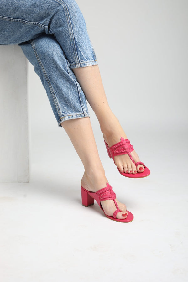 Magenta Pink Heels. Block Heels, Fuchsia Block Heels, Party Heels, Traditional wear, Heels, Koolhapuri Block Heels, SHIMUZZ Heels, Kolhapuri Heel, Girl wearing denim jeans and pink block heels