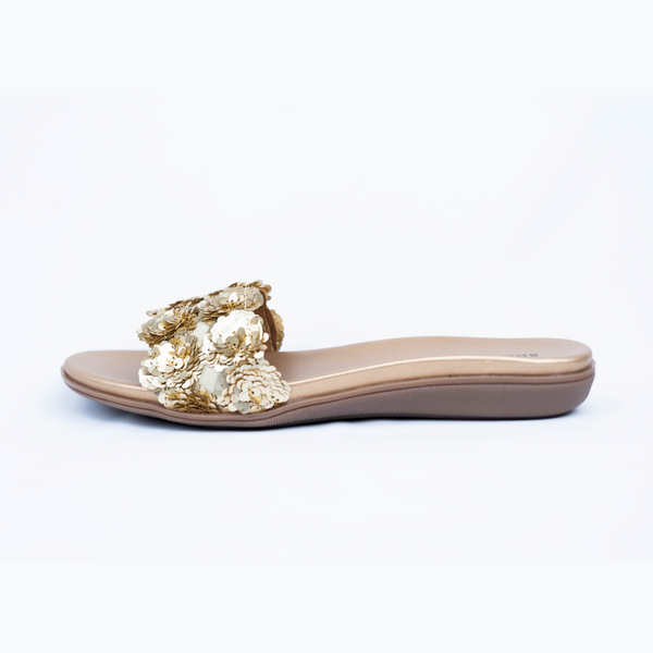 Rose gold with gold sequin sliders