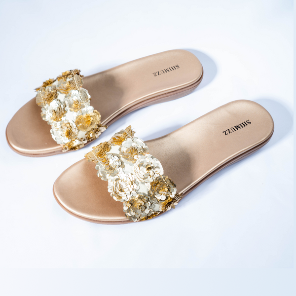 Rose gold with gold sequin sliders