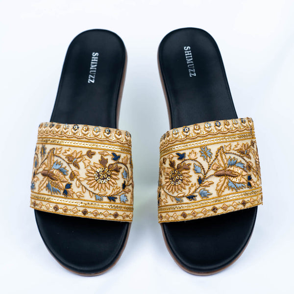 Gold embroidery with black base sliders