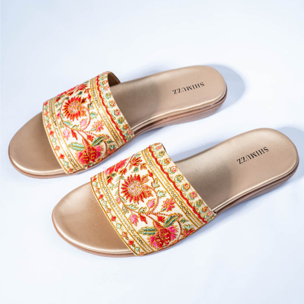 Embroidered gold sliders
