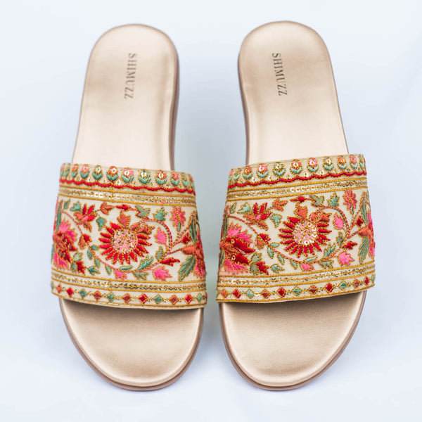 Embroidered gold sliders