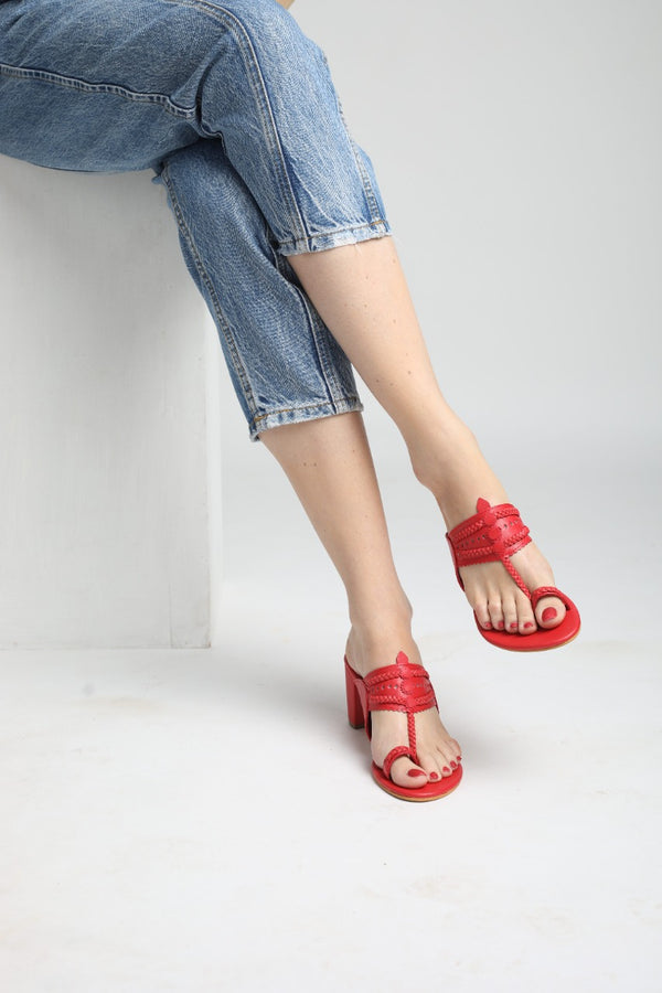 Red Heels. Block Heels, Red Block Heels, Party Heels, Traditional wear, Maroon Heels, Koolhapuri Block Heels, SHIMUZZ Heels, Kolhapuri Heel, Girl wearing Red Block Heels with Blue Denim Jeans