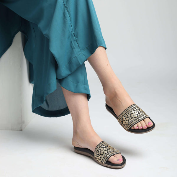 Black with gold sequin sliders