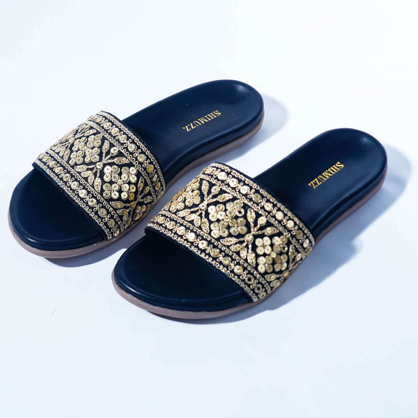 Black with gold sequin sliders
