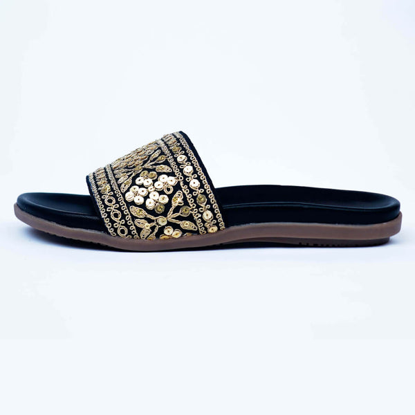 Black with gold sequin sliders