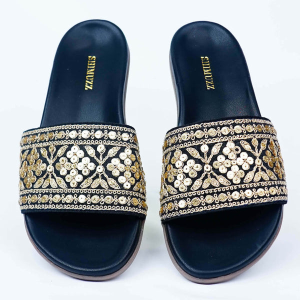Black with gold sequin sliders