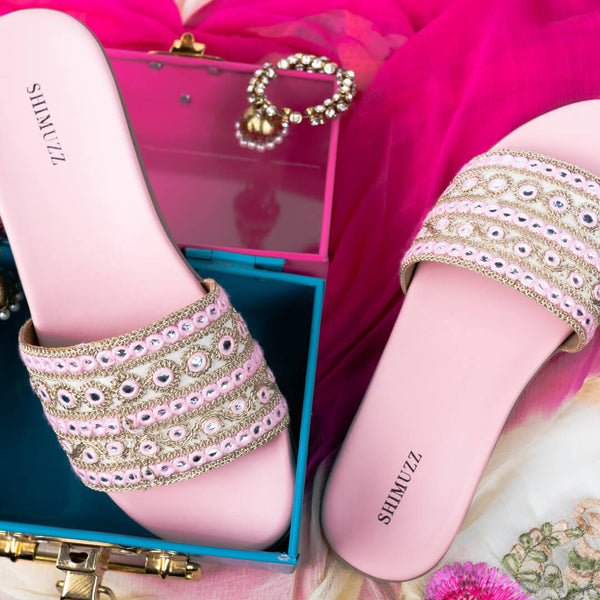 Golden zari with mirror pink sliders