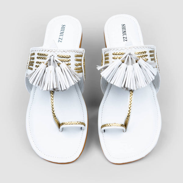 Gold braided with tassel white flats