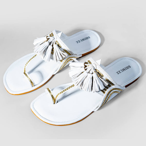 Gold braided with tassel white flats