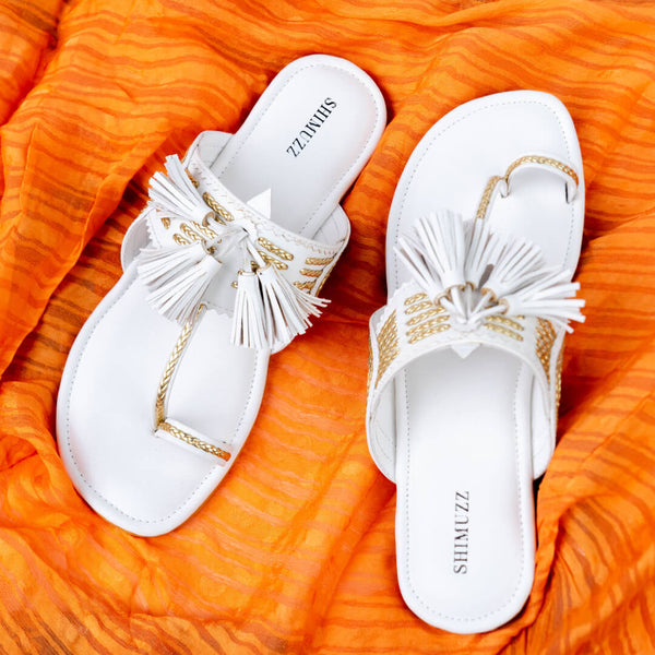 Gold braided with tassel white flats