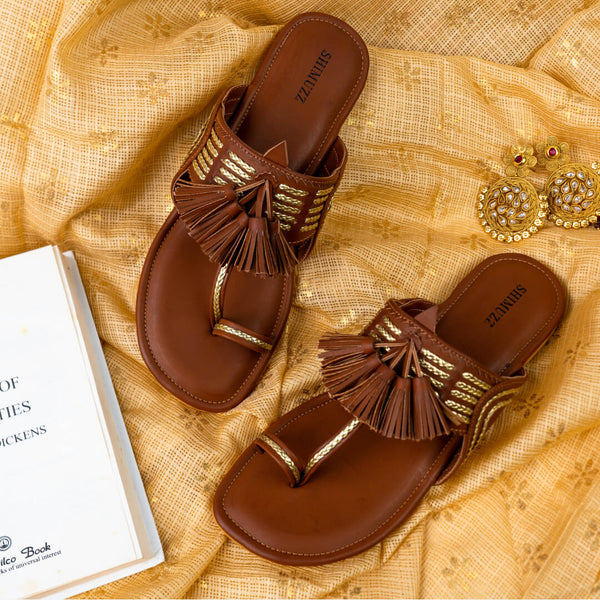 Tassel with gold braided brown flats