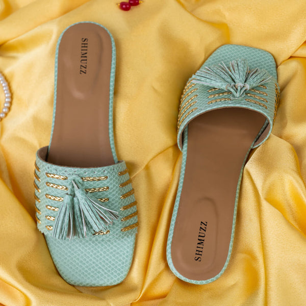 Tassel with gold braided mint green flats