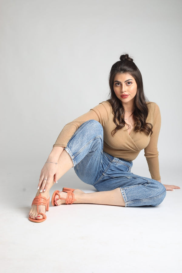 Red Heels. Block Heels, Red Block Heels, Party Heels, Traditional wear, Maroon Heels, Koolhapuri Block Heels, SHIMUZZ Heels, Kolhapuri Heel, Girl wearing brown top and blue denim jeans with orange block heels