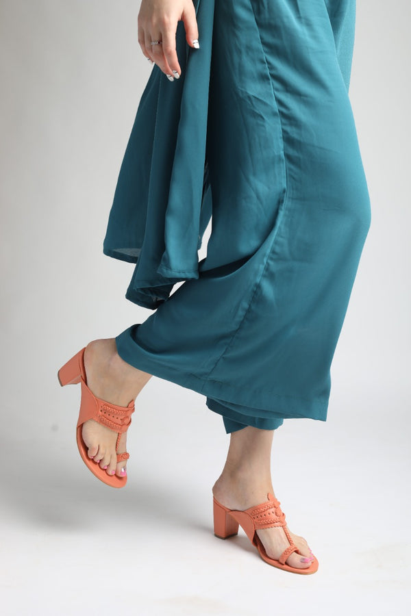 Red Heels. Block Heels, Red Block Heels, Party Heels, Traditional wear, Maroon Heels, Koolhapuri Block Heels, SHIMUZZ Heels, Kolhapuri Heel, Girl wearing Blue top with orange block heels