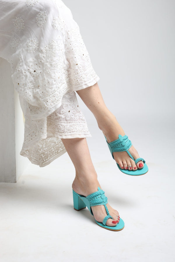 Blue Heels. Block Heels, Turquoise Blue Block Heels, Party Heels, Traditional wear, Sea blue Heels, Koolhapuri Block Heels, SHIMUZZ Heels, Kolhapuri Heel, Girl wearing white embroidered pants with Blue Block Heels