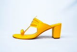 Yellow Heels. Block Heels, Yellow Block Heels, Party Heels, Traditional wear, Bright Yellow Heels, Koolhapuri Block Heels, SHIMUZZ Heels, Kolhapuri Heel, Side angle
