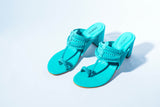 Blue Heels. Block Heels, Turquoise Blue Block Heels, Party Heels, Traditional wear, Sea blue Heels, Koolhapuri Block Heels, SHIMUZZ Heels, Kolhapuri Heel, Tilted angle picture