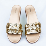 Rose gold with gold sequin sliders