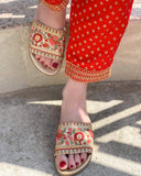 Girl wearing Hand embroidered designer Gul sliders with ethnic indian outfit