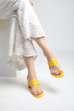 Yellow Heels. Block Heels, Yellow Block Heels, Party Heels, Traditional wear, Bright Yellow Heels, Koolhapuri Block Heels, SHIMUZZ Heels, Kolhapuri Heel, Girl wearing White embroidered pants with Yellow Block Heels